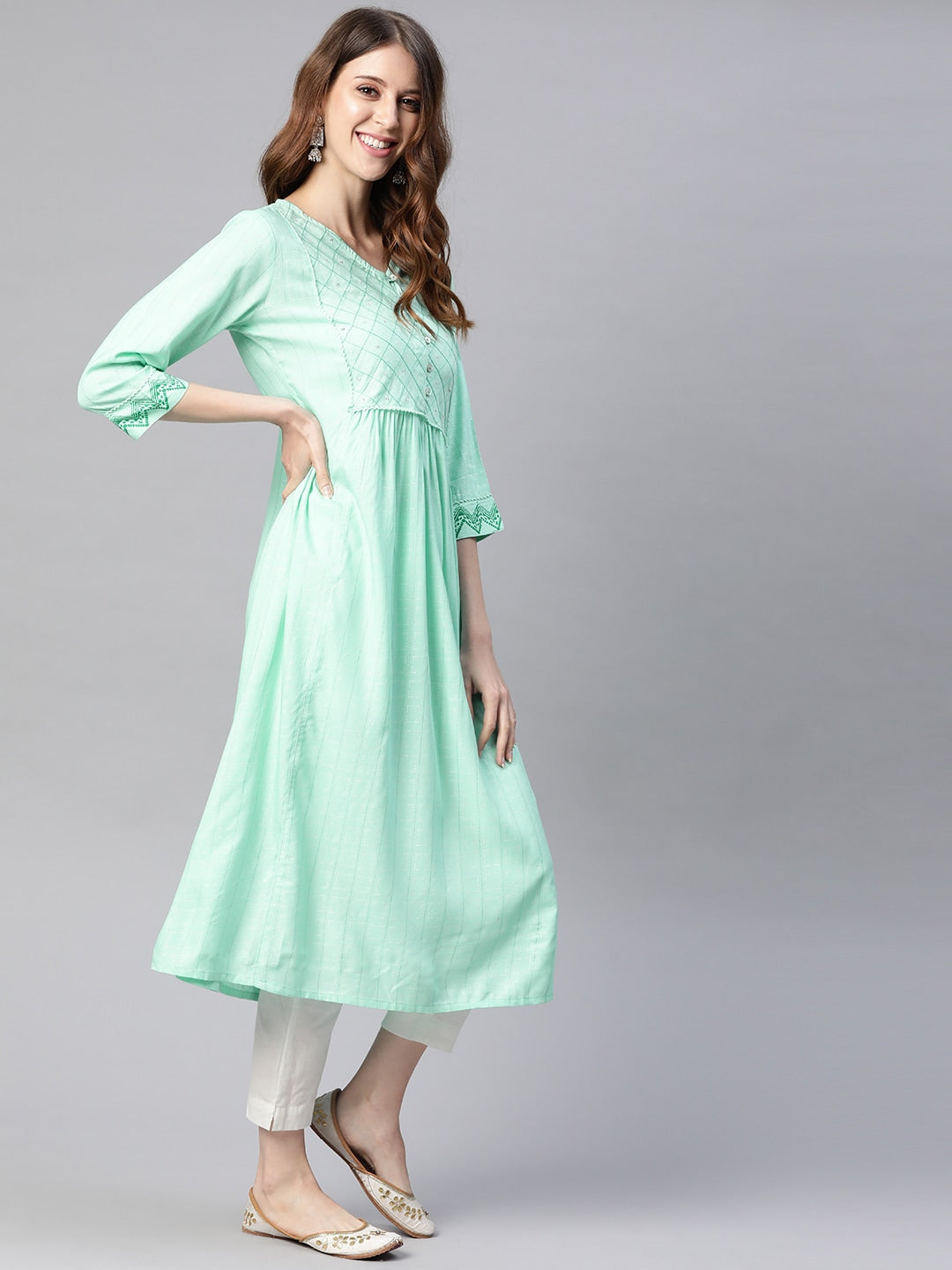 HERE&NOW Women Sea Green Yoke Design A-Line Kurta - Distacart