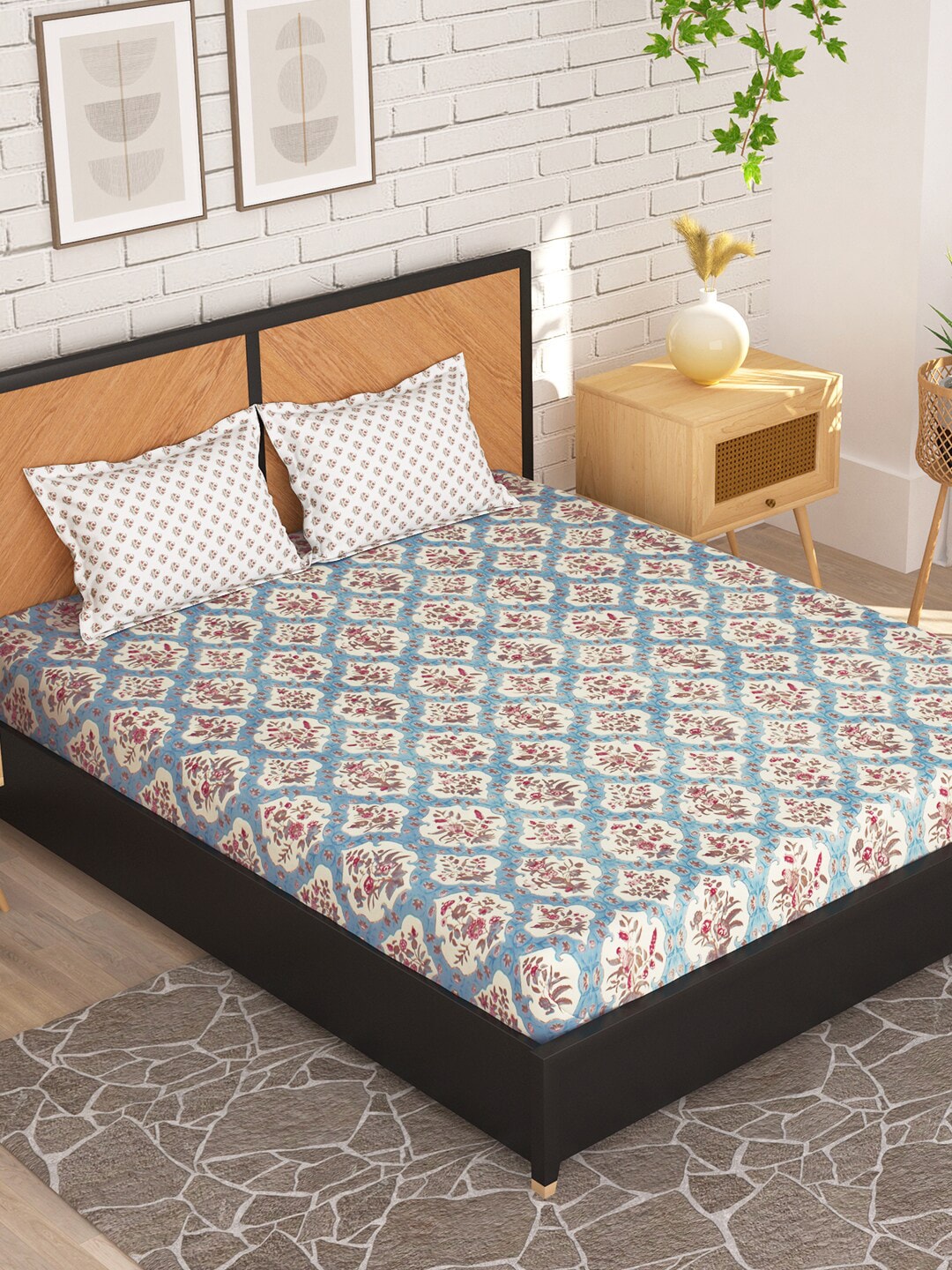 Story@home Cream-Coloured & Pink Floral Microfiber 180 TC Queen Bedsheet & 2 Pillow Covers - Distacart