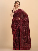 Thumbnail for Sangria Burgundy Sequinned Pure Georgette Heavy Work Saree - Distacart