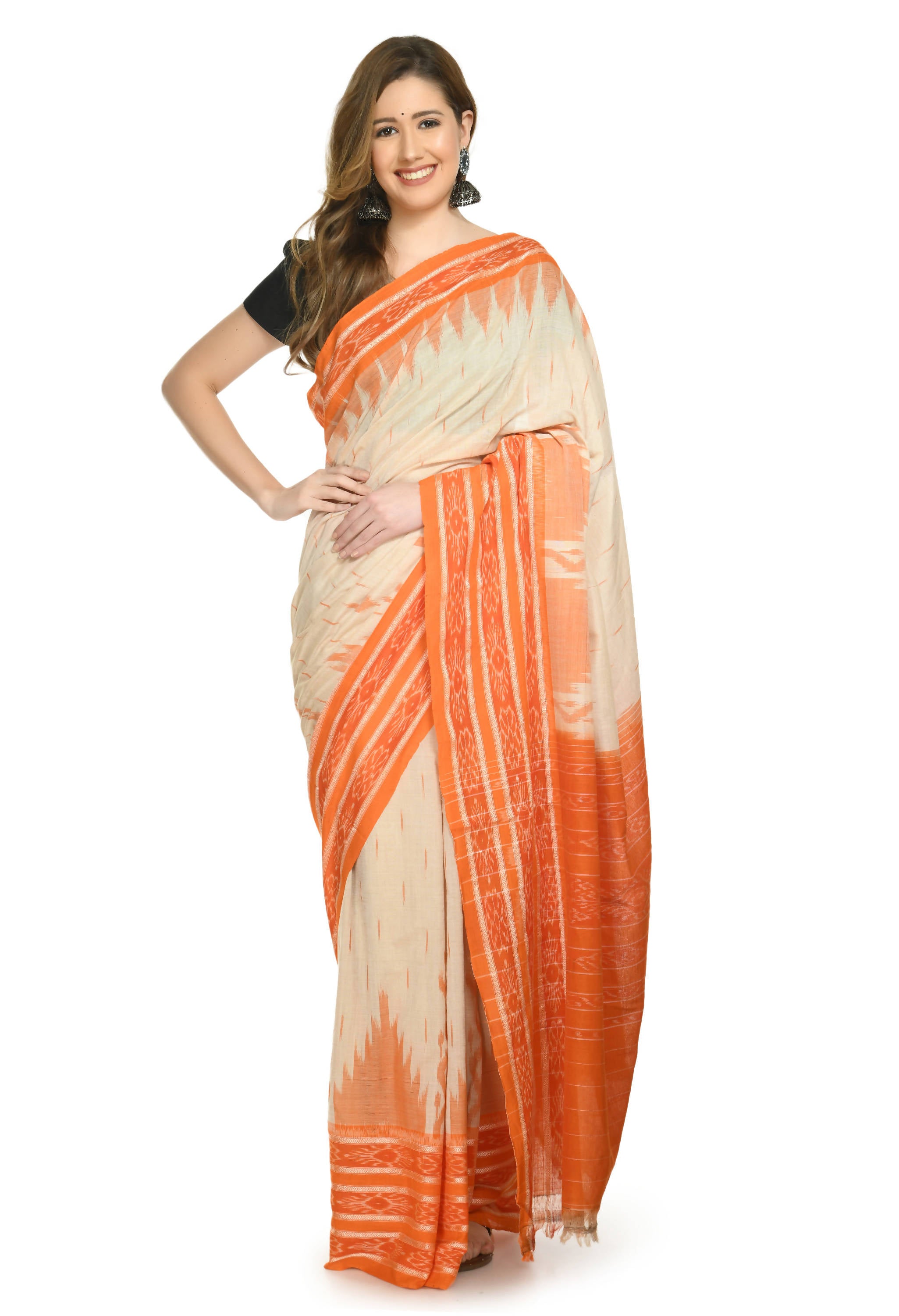 Vamika Sambalpuri Ikat Cotton Scot Dali Tasrite Orange Saree - Distacart
