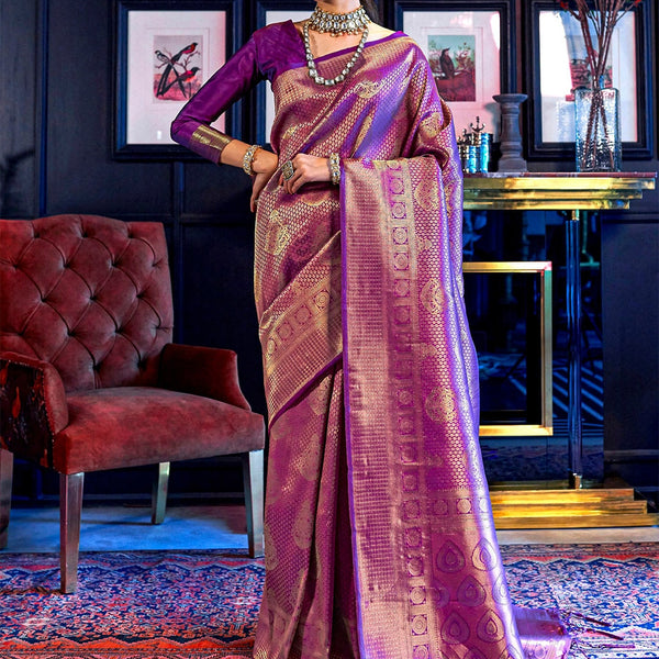 Mitera Purple Woven Design Kanjeevaram Silk Saree - Distacart