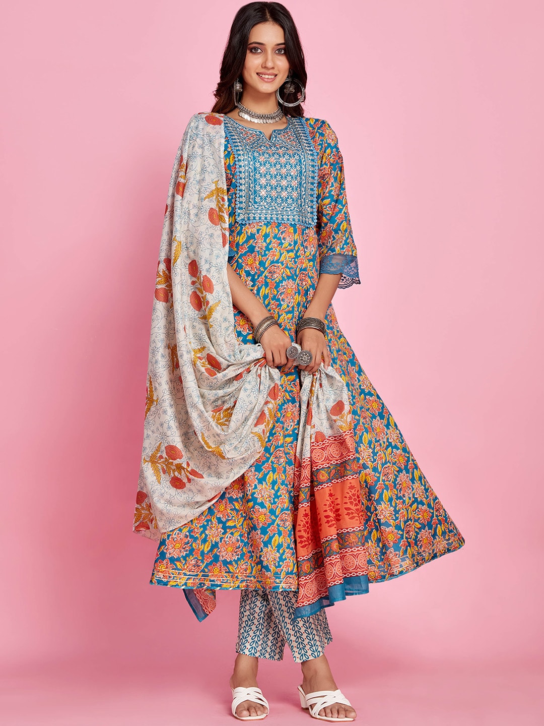 Sangria Blue Floral Printed Thread Work A-Line Kurta & Trouser With Dupatta - Distacart
