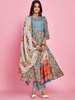 Thumbnail for Sangria Blue Floral Printed Thread Work A-Line Kurta & Trouser With Dupatta - Distacart