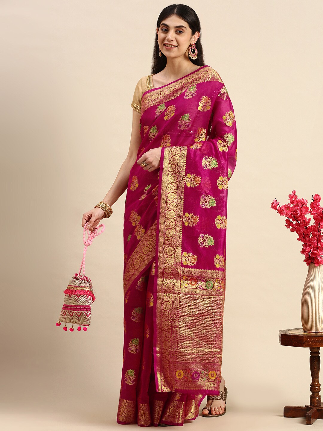 Mitera Pink & Golden Floral Zari Organza Kanjeevaram Saree - Distacart