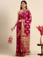 Thumbnail for Mitera Pink & Golden Floral Zari Organza Kanjeevaram Saree - Distacart