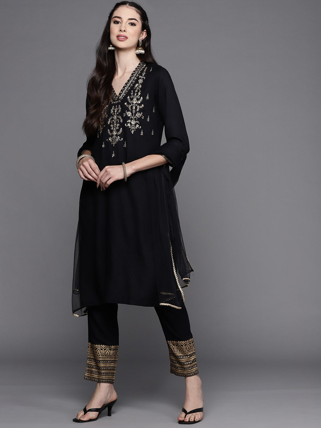 Biba Women Black & Golden Ethnic Yoke Design Kurta with Trousers & With Dupatta - Distacart