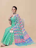 Thumbnail for Kalini Green & Blue Floral Silk Cotton Jamdani Saree - Distacart