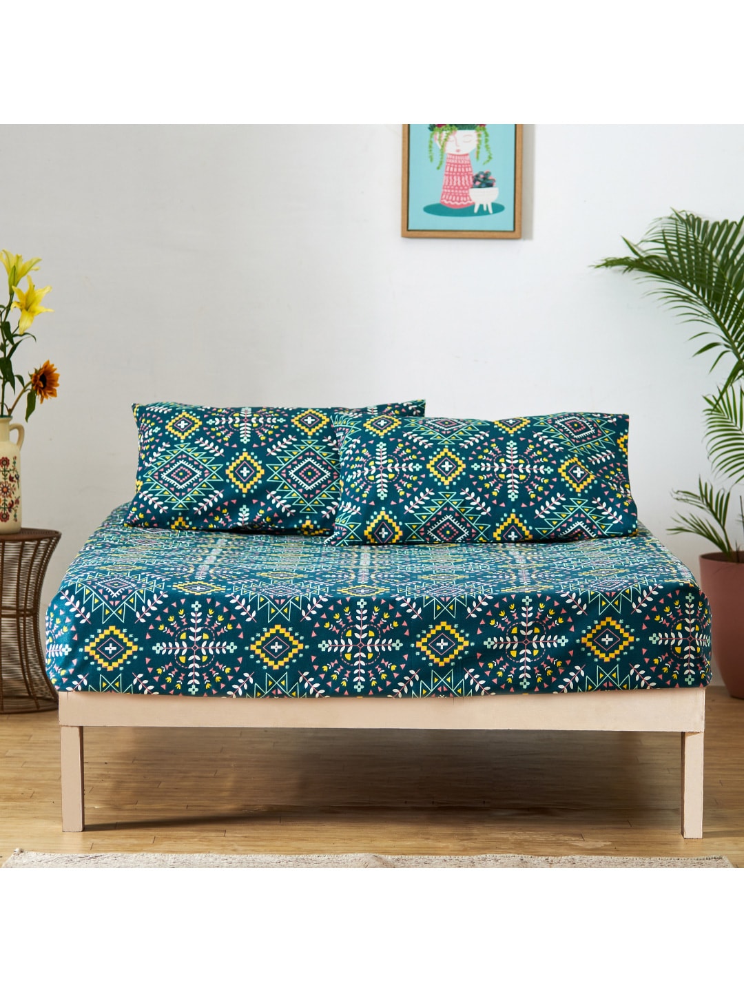 Chumbak Blue & Yellow Ethnic Motifs 136 TC Queen Bedsheet with 2 Pillow Covers - Distacart