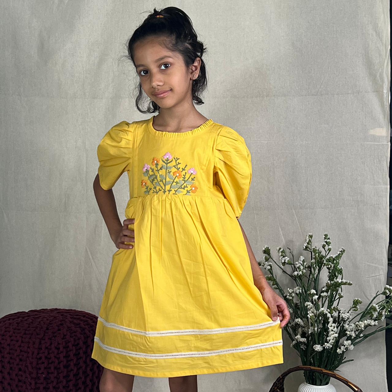 ArthLife Yellow Flower Embroidered Dress - Distacart