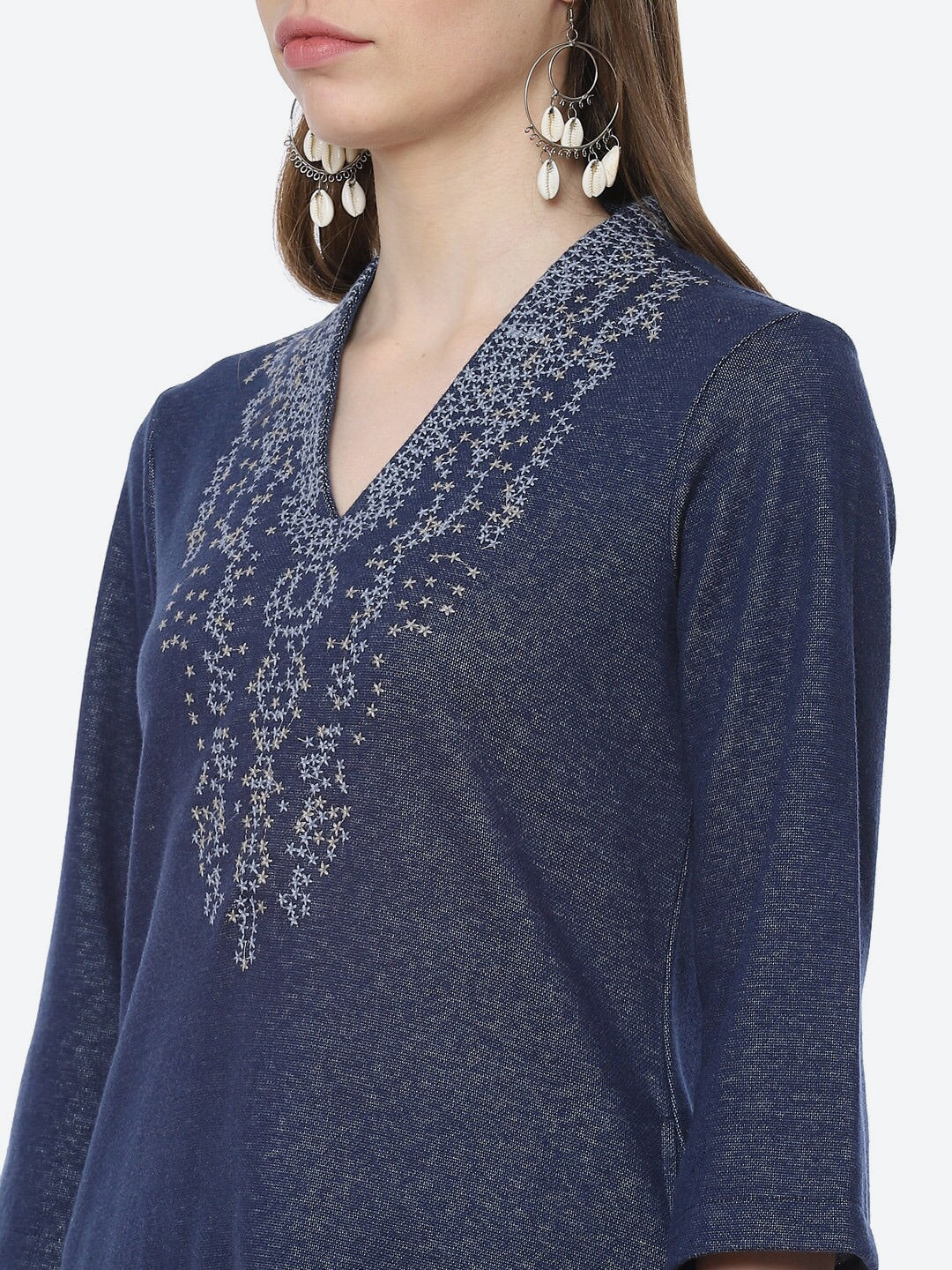 Biba Women Blue & White Yoke Design Thread Work Kurta - Distacart