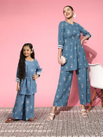 Thumbnail for Sangria Women Blue Ethnic Motifs Printed Empire Pure Cotton Kurta with Palazzos - Distacart