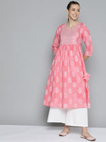Thumbnail for HERE&NOW Women Pink & White Ethnic Motifs Printed Gotta Patti Pure Cotton Kurta - Distacart