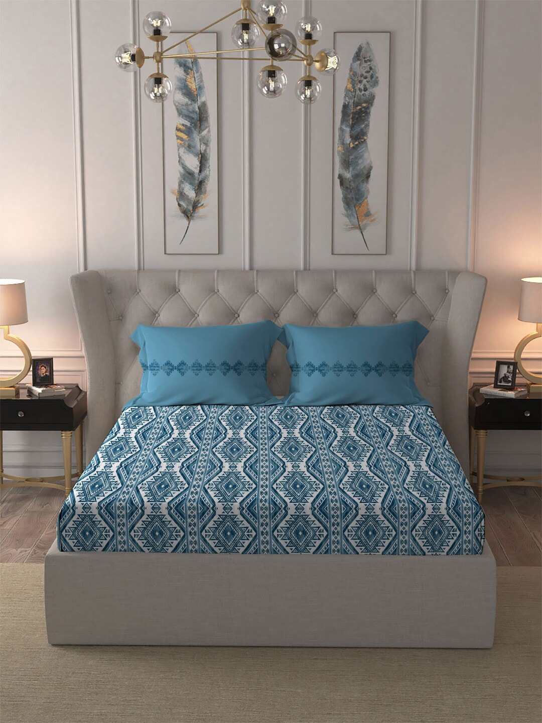 MYTRIDENT Blue White Ethnic Motifs Cotton 120 TC Queen Bedsheet With 2 Pillow Covers - Distacart