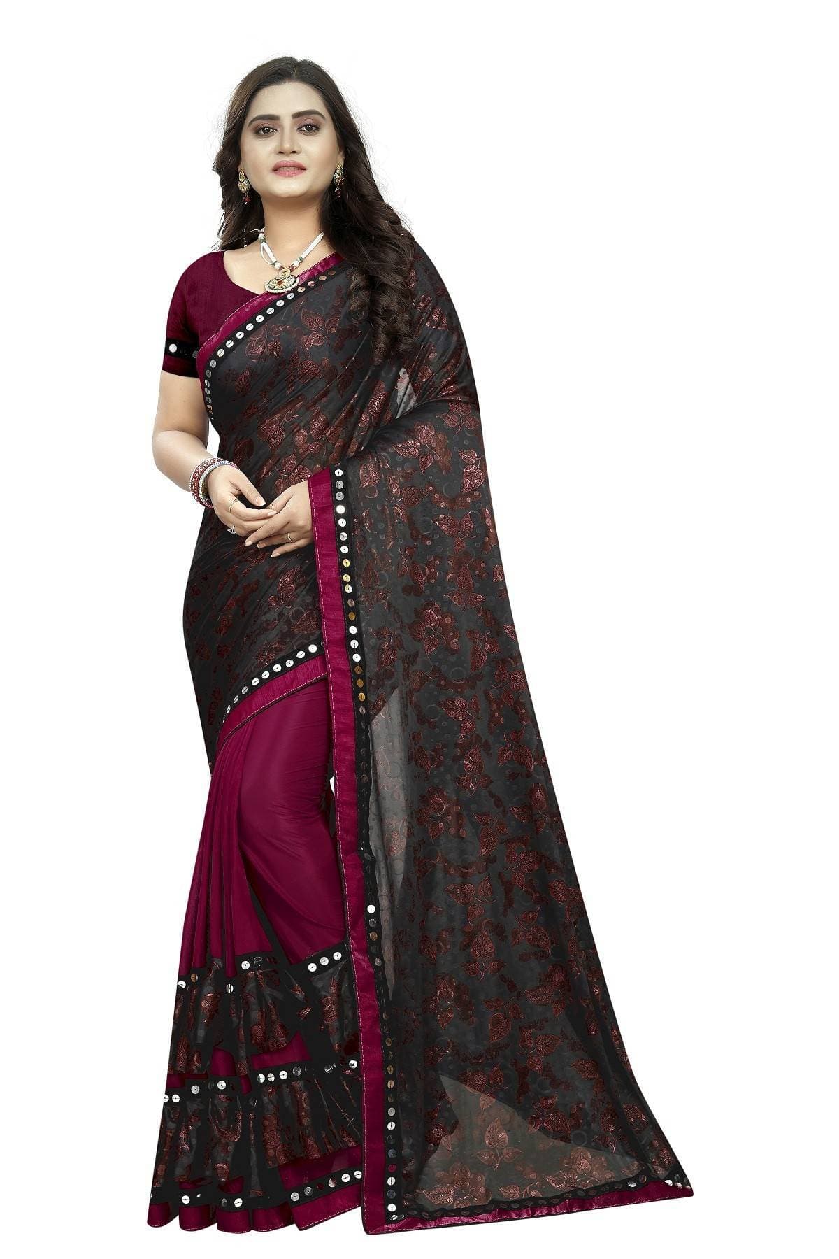 Vamika Red Lycra Blend Printed Saree