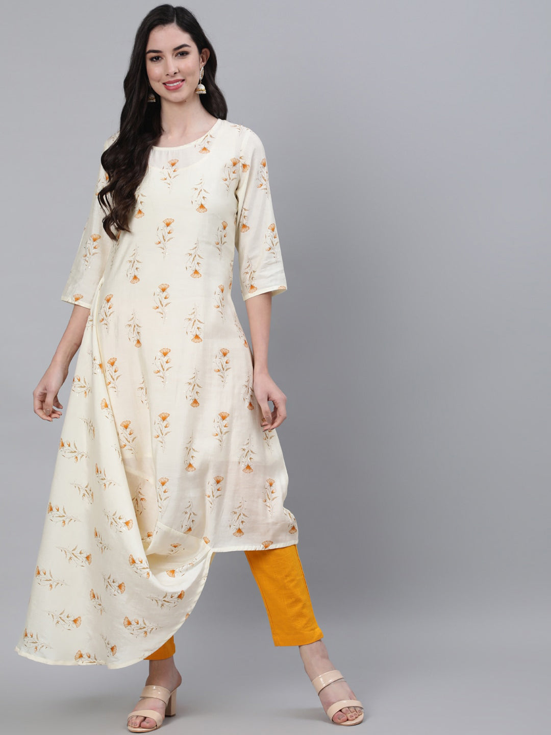 Jaipur Kurti Women Mustard Yellow Floral Embellished Flared Sleeves Chanderi Silk Chanderi Silk Kurta - Distacart