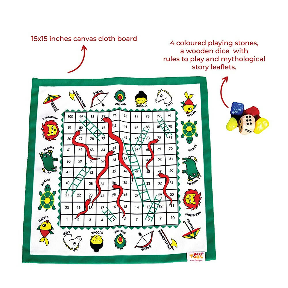 Desi Toys Dashavatar Snakes & Ladders/Saap Seedi, Classic Strategy Board Game with Canvas Fabric Board, Based on Indian Mythological Story - Distacart