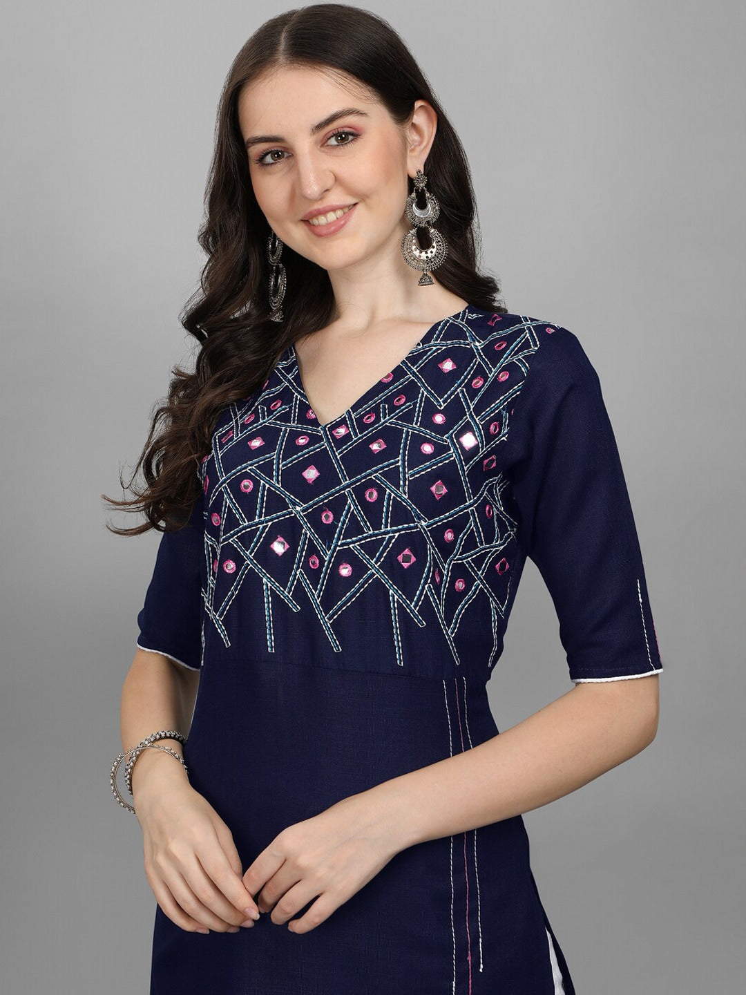 Kalini Women Navy Blue Embroidered Mirror Work Kurta with Trousers - Distacart