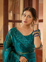 Thumbnail for Mitera Teal Embroidered Pure Chiffon Saree - Distacart