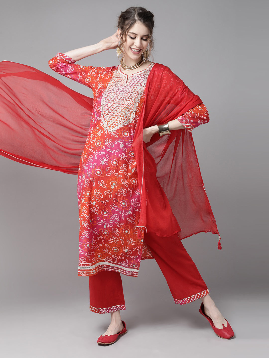 Ishin Women Red & White Printed Cotton Bandhani Kurta Palazzos & Dupatta with Zari - Distacart