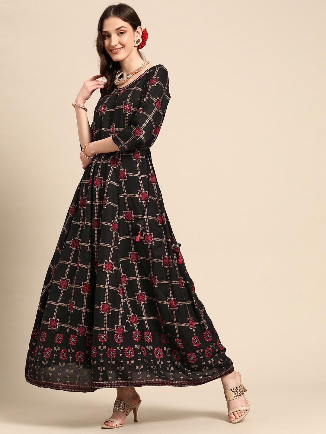 Sangria Women Black Checked Viscose Rayon Anarkali Kurta - Distacart