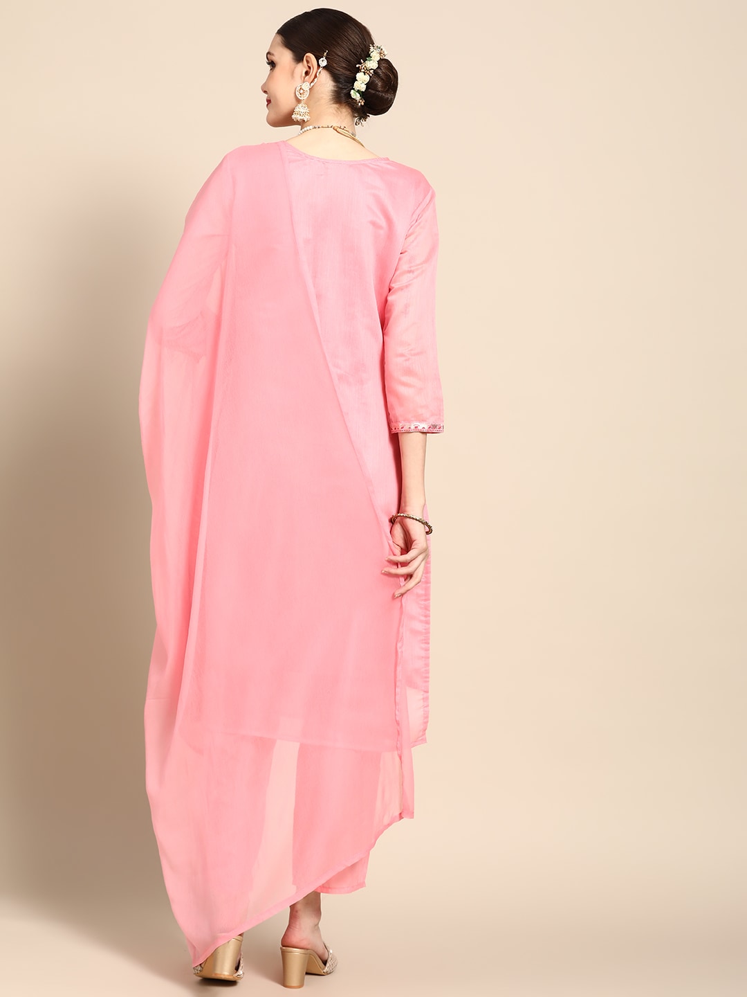 Sangria Women Pink Ethnic Motifs Printed Chanderi Cotton Kurta with Trousers & With Dupatta - Distacart