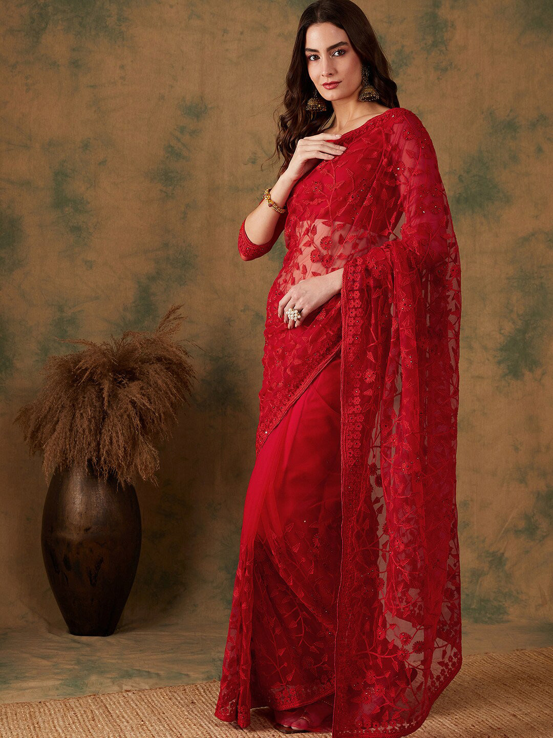 Sangria Embroidered Net Sarees - Distacart
