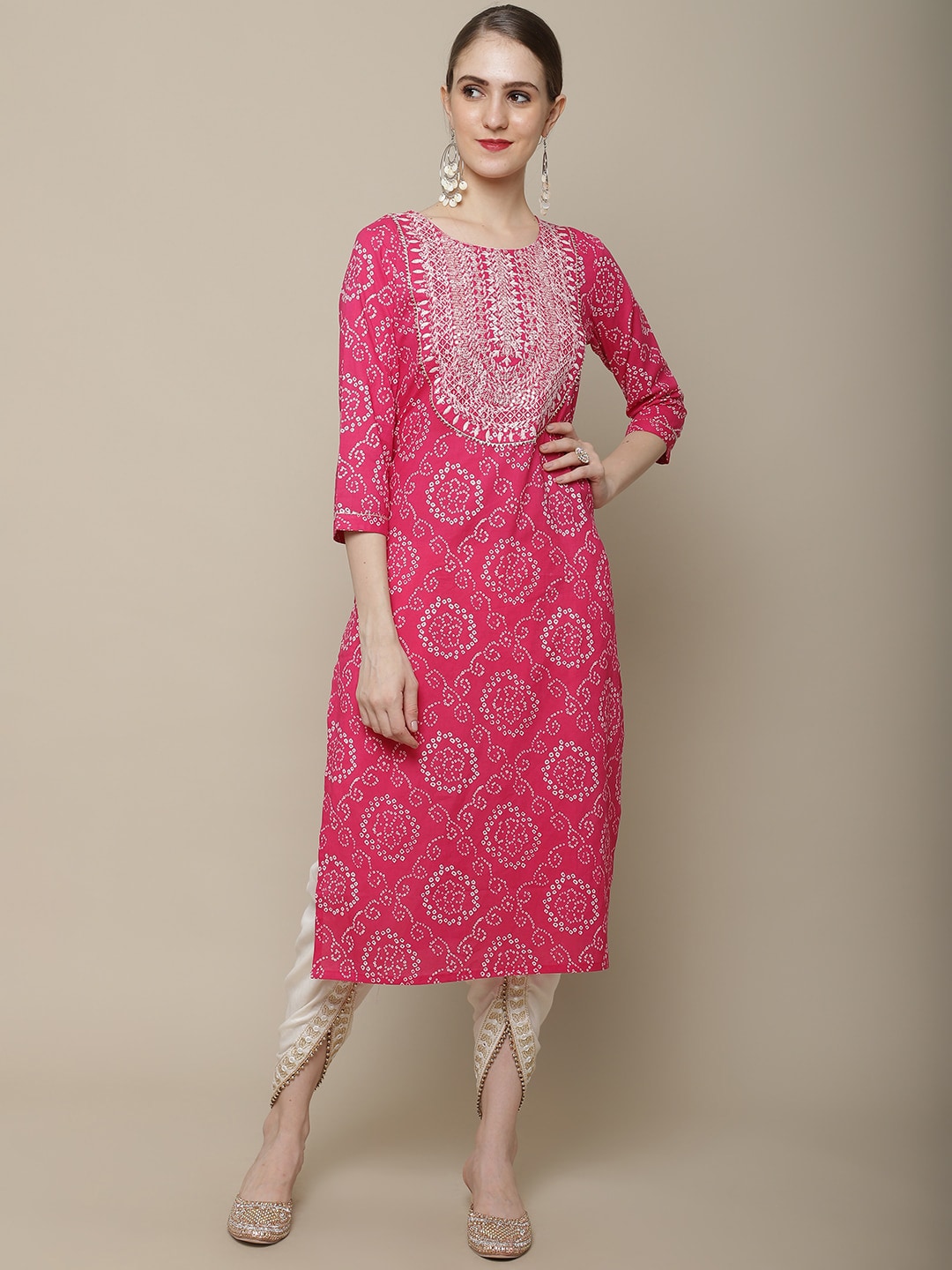 Sangria Women Pink & White Bandhani Printed Thread Work Kurta - Distacart