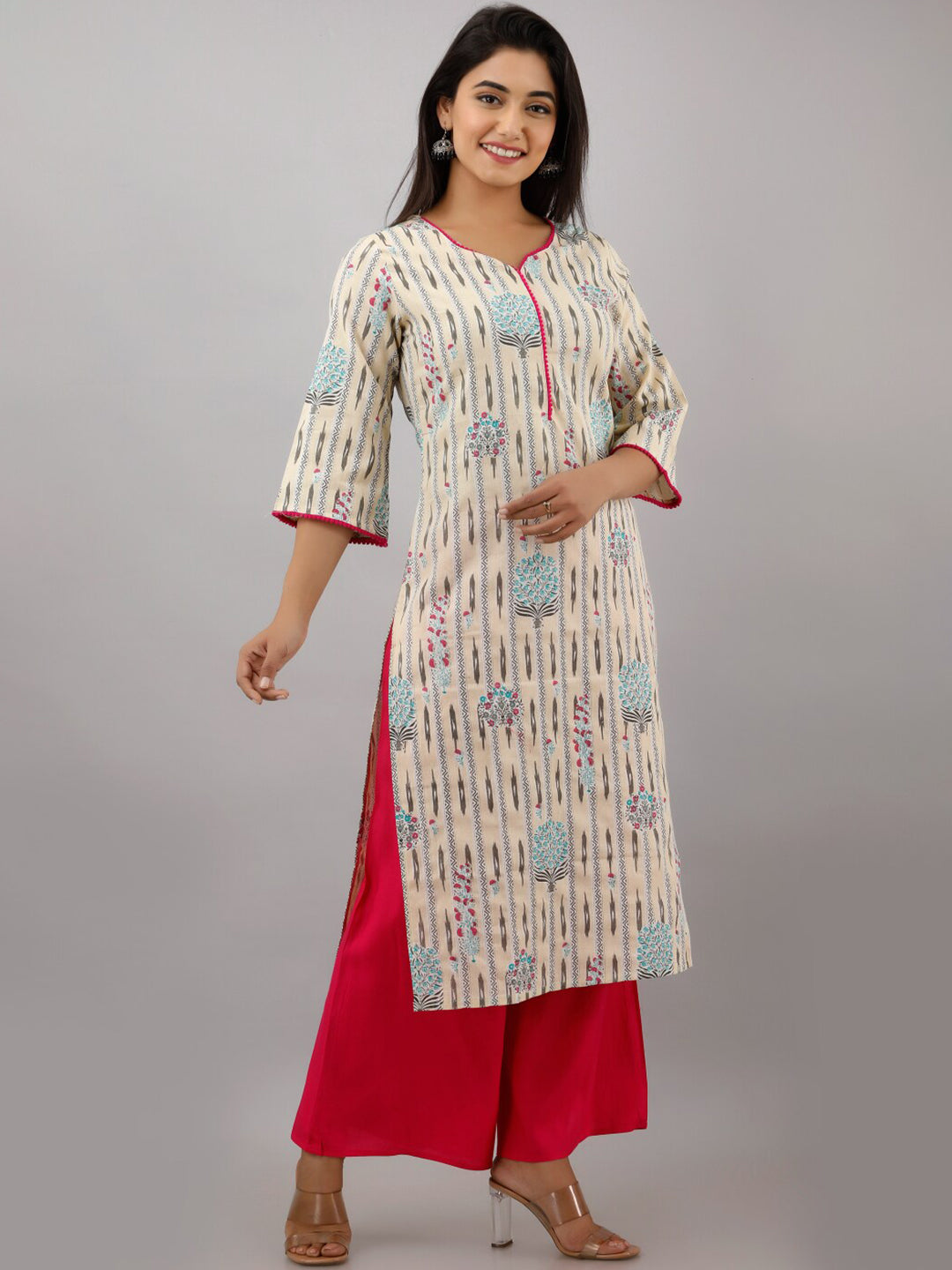 Kalini Women Beige & Blue Ikat Printed Cotton Straight Kurta - Distacart
