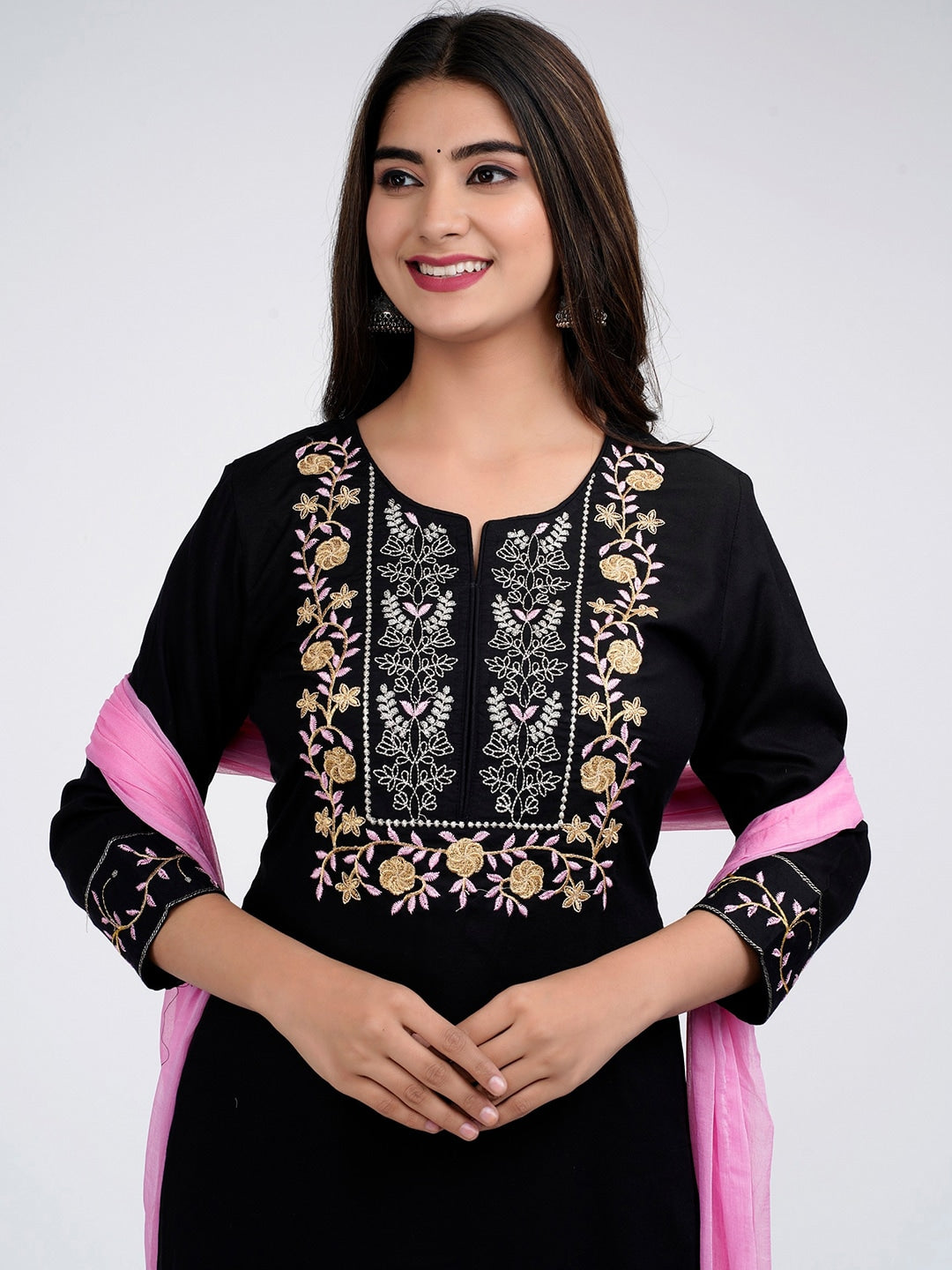 Kalini Floral Yoke Design Thread Work Kurta with Trousers & Dupatta - Distacart