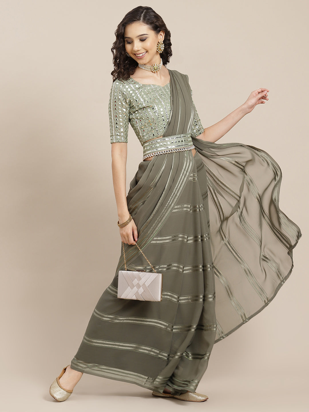 Saree Mall Taupe Striped Leheriya Saree With Belt - Distacart