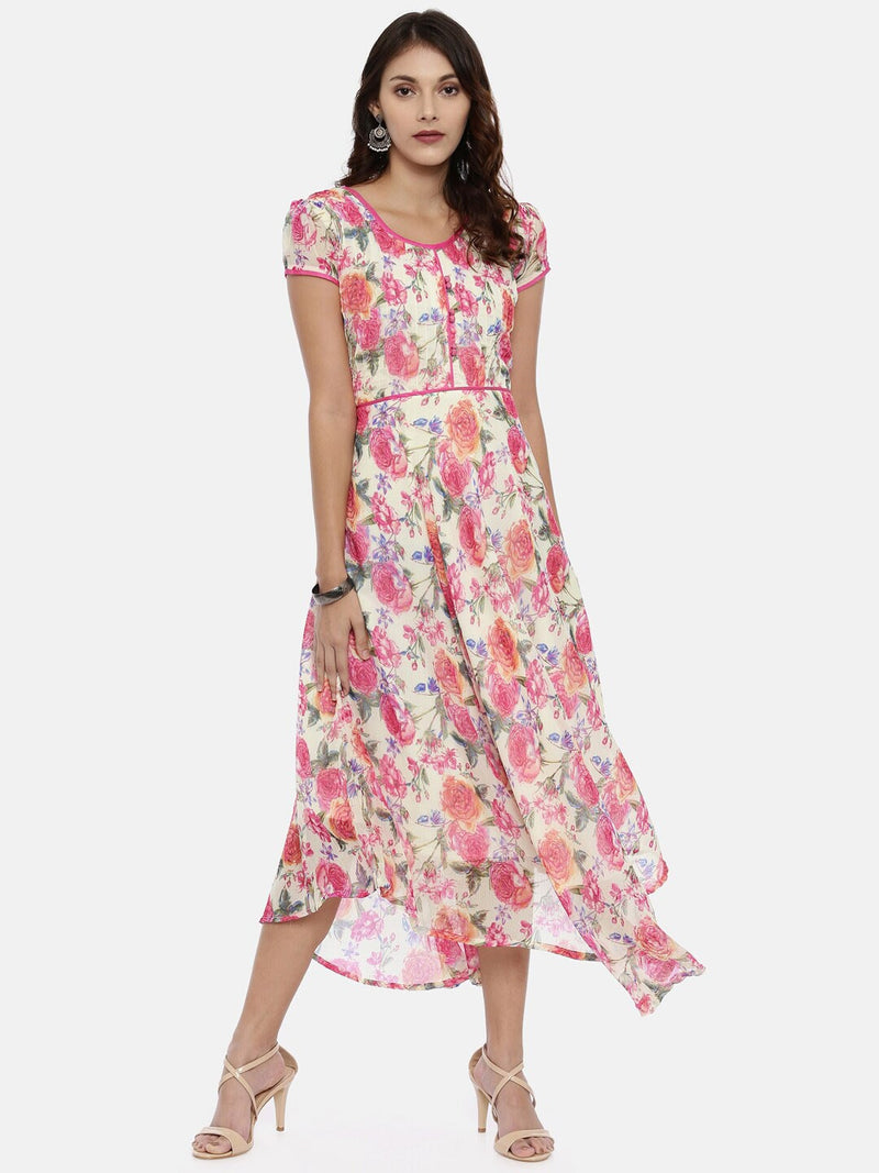 Souchii Off-White &amp; Pink Floral Printed A-Line Dress - Distacart
