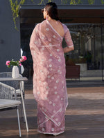 Thumbnail for Tikhi Imli Pink Floral Embroidered Mirror Work Organza Saree - Distacart