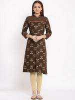 Thumbnail for HERE&NOW Brown & Beige Mandarin Collar Floral Printed Straight Kurta - Distacart
