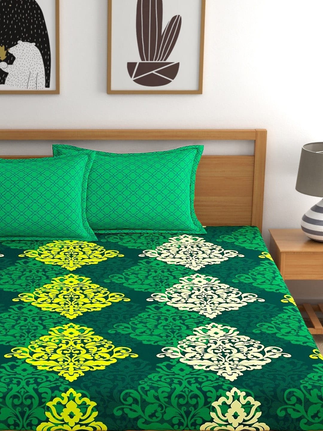 My Room Green & Yellow Ethnic Motifs 140 TC Super King Bedsheet with 2 Pillow Covers - Distacart