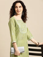 Thumbnail for Sangria Women Olive Green Floral Yoke Design Thread Work Pastels Kurta - Distacart