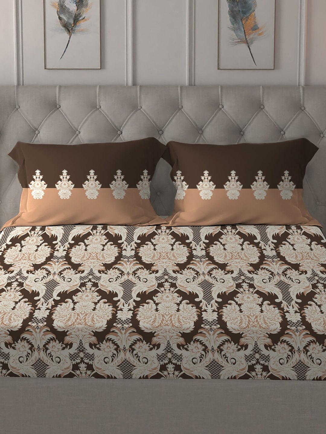 MYTRIDENT Brown White Ethnic Motifs Cotton 144 TC Queen Bedsheet With 2 Pillow Covers - Distacart