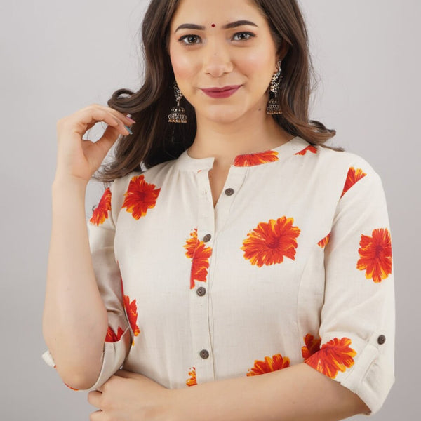 Kalini Women Beige Floral Printed Thread Work Floral Kurta - Distacart