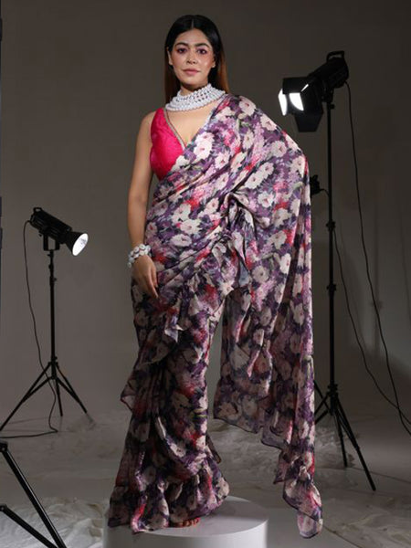 Tikhi Imli Floral Printed Satin Saree - Distacart
