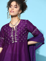 Thumbnail for Sangria Women Purple & Silver Ethnic Motifs Gotta Patti Kurta with Palazzos & Dupatta - Distacart
