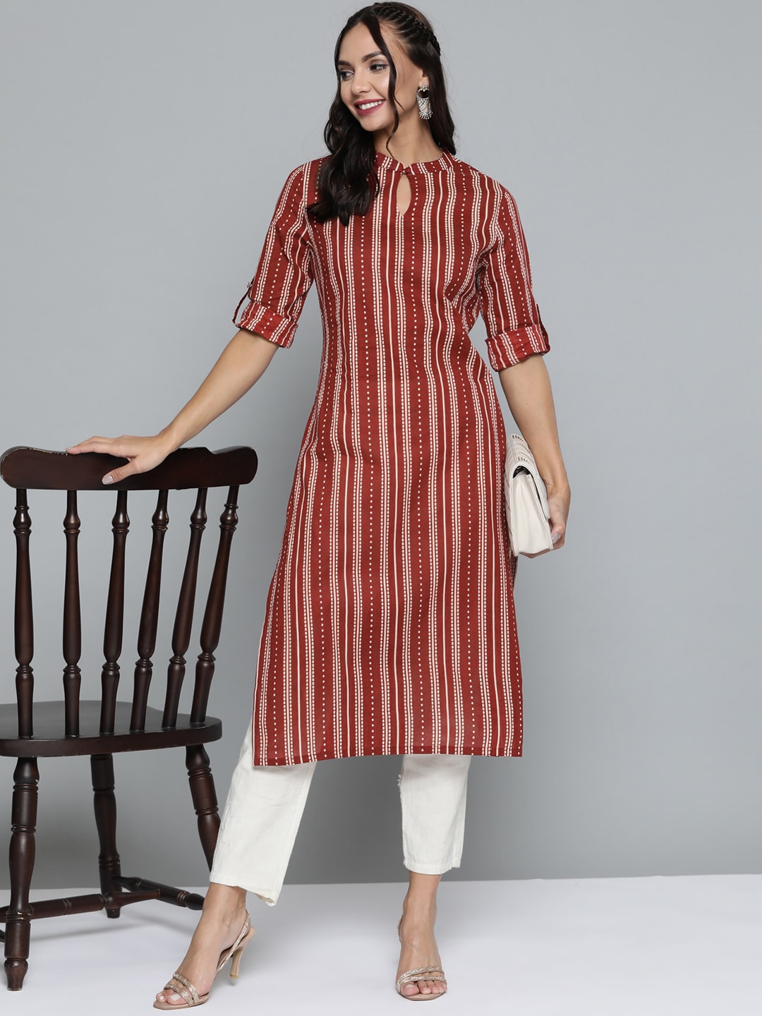 HERE&NOW Women Rust Red & Off-White Pure Cotton Striped Keyhole Neck Straight Kurta - Distacart