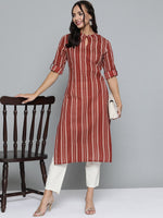 Thumbnail for HERE&NOW Women Rust Red & Off-White Pure Cotton Striped Keyhole Neck Straight Kurta - Distacart