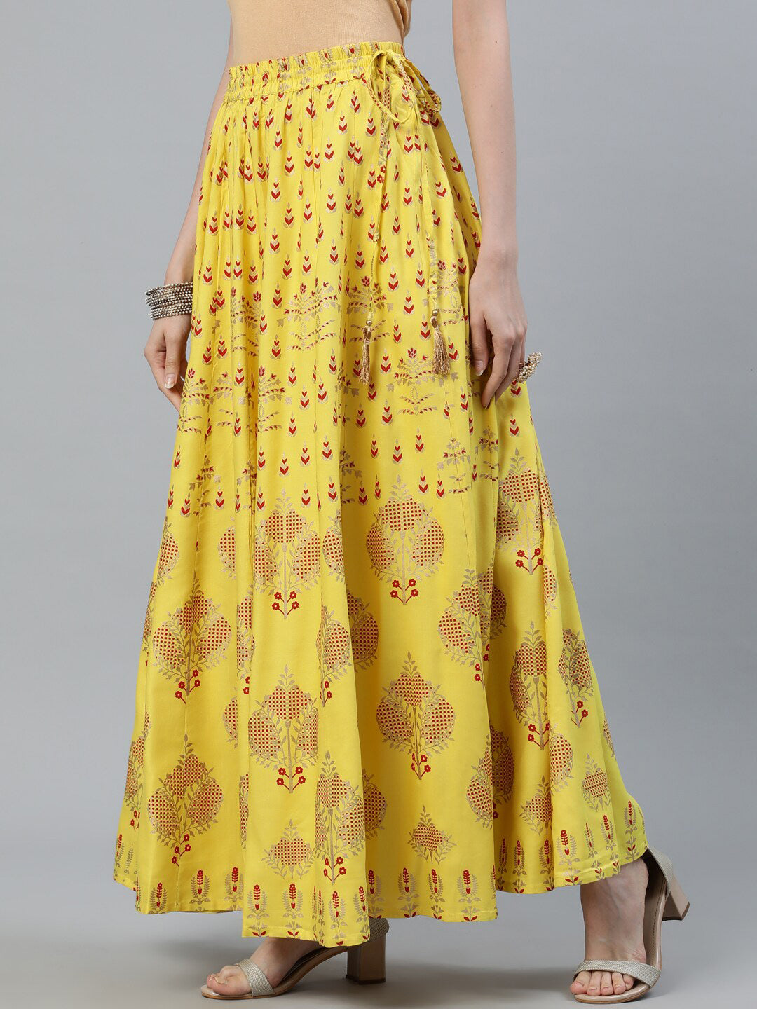 Jaipur Kurti Yellow & Red Printed Flared Women Maxi Skirt - Distacart