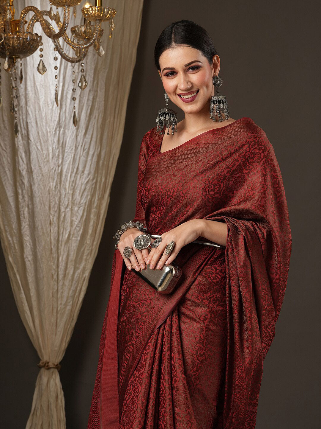 Saree Mall Maroon Woven Design Zari Silk Blend Banarasi Sarees - Distacart
