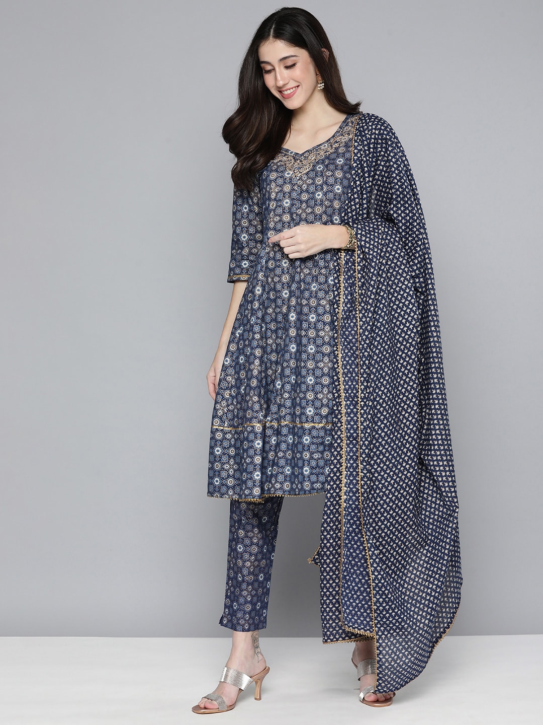 HERE&NOW Ethnic Embroidered & Printed Pure Cotton Anarkali Kurta with Trousers & Dupatta - Distacart