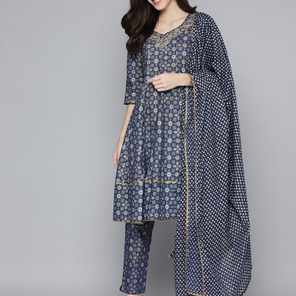 HERE&NOW Ethnic Embroidered & Printed Pure Cotton Anarkali Kurta with Trousers & Dupatta - Distacart
