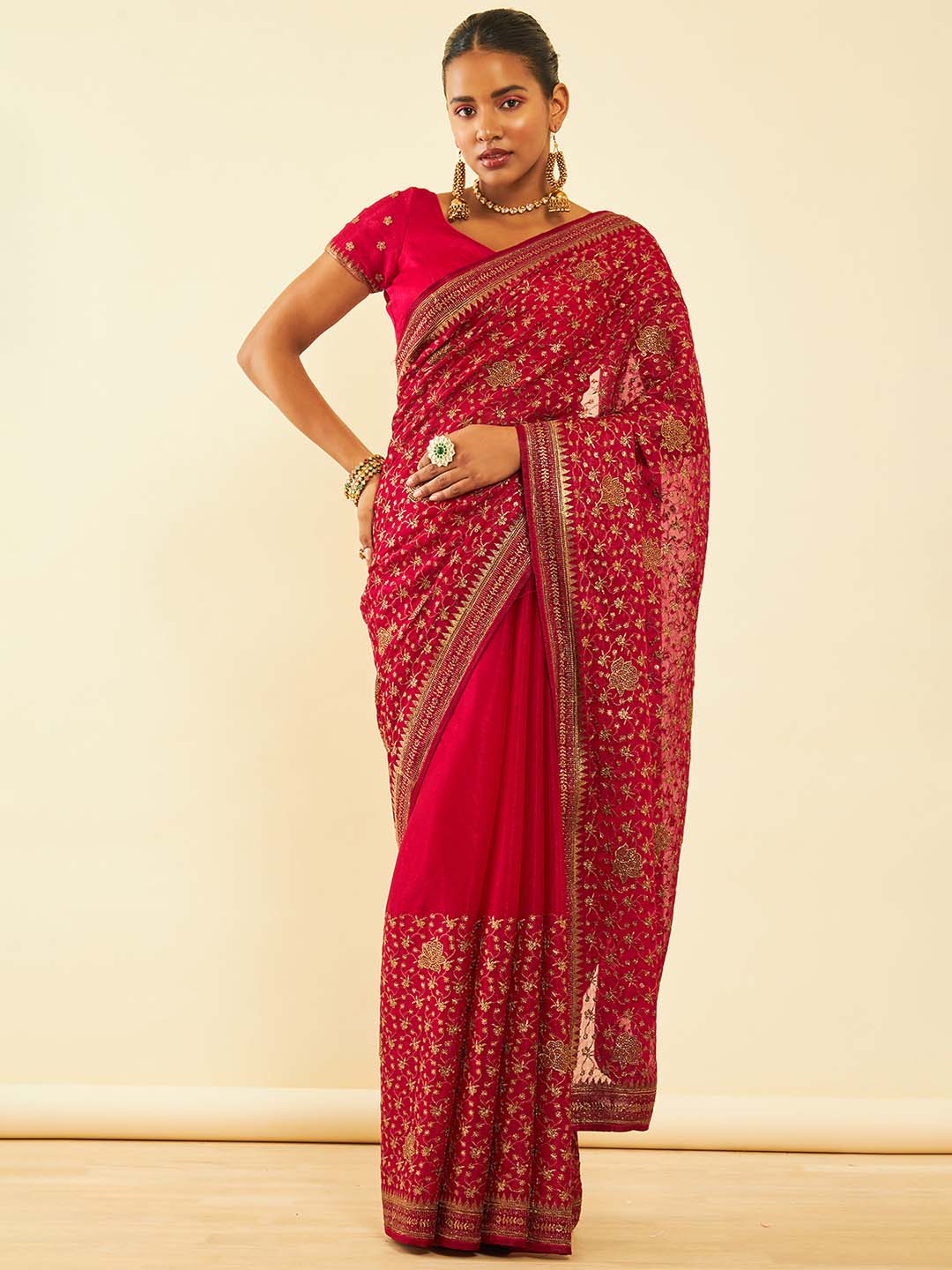 Soch Pink Floral Embroidered Zari Pure Chiffon Saree - Distacart