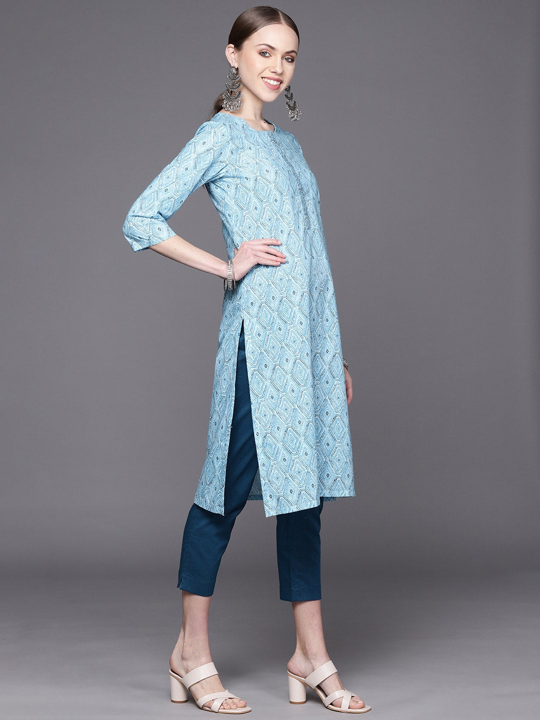 Biba Women Blue Ethnic Motifs Printed Pure Cotton Kurta with Trousers & Dupatta - Distacart