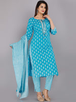 Thumbnail for Kalini Women Blue Ethnic Motifs Printed Pure Cotton Kurta with Trousers & With Dupatta - Distacart