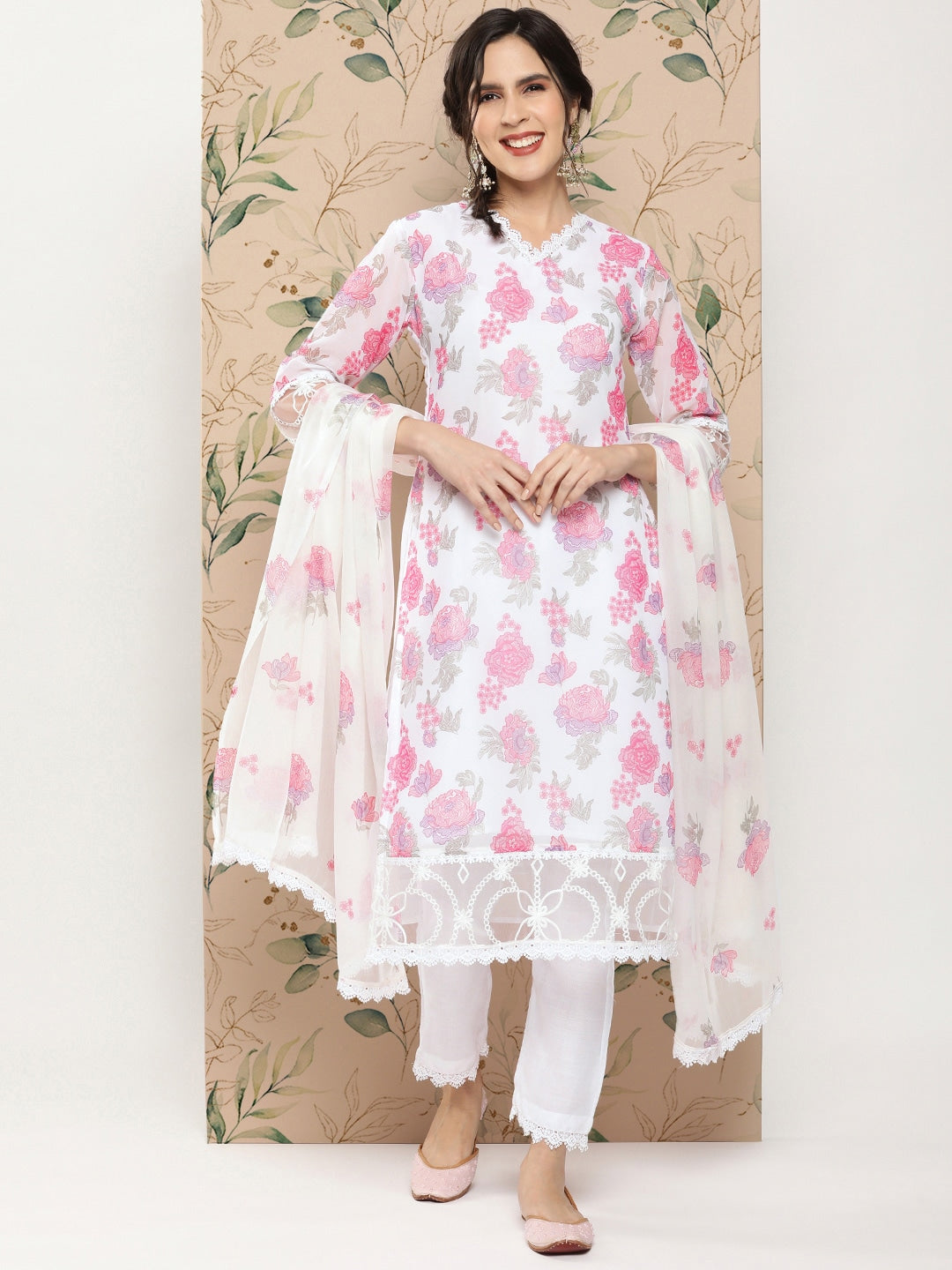 Sangria Floral Printed Regular Thread Work Kurta with Trousers & With Dupatta - Distacart