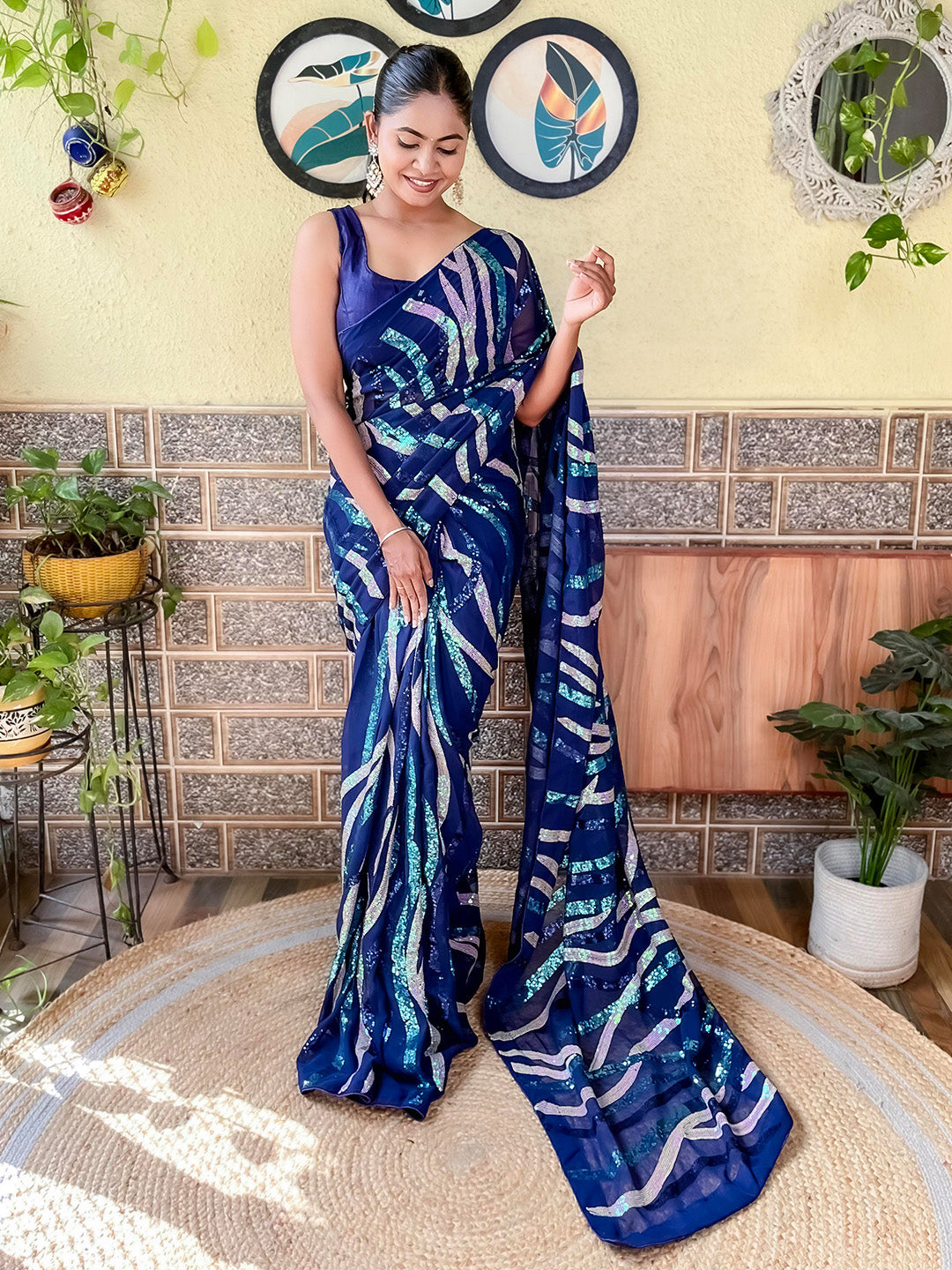 Mitera Navy Blue Sequin Embellished Saree - Distacart